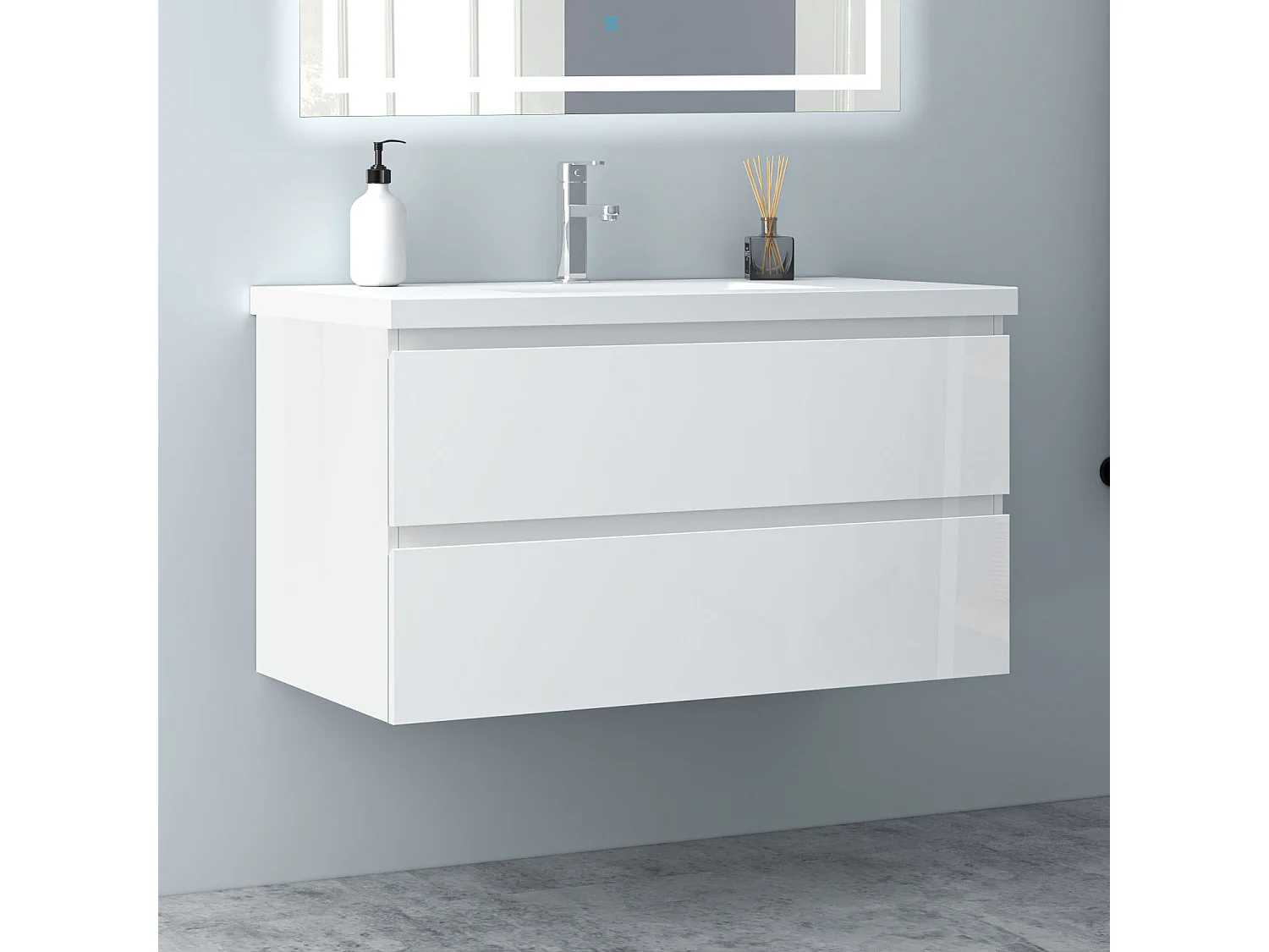 AICA Waschbeckenunterschrank hängend 100cm Mineralguss Waschtisch mit Unterschrank - Hochglanz Weiß - CINIC