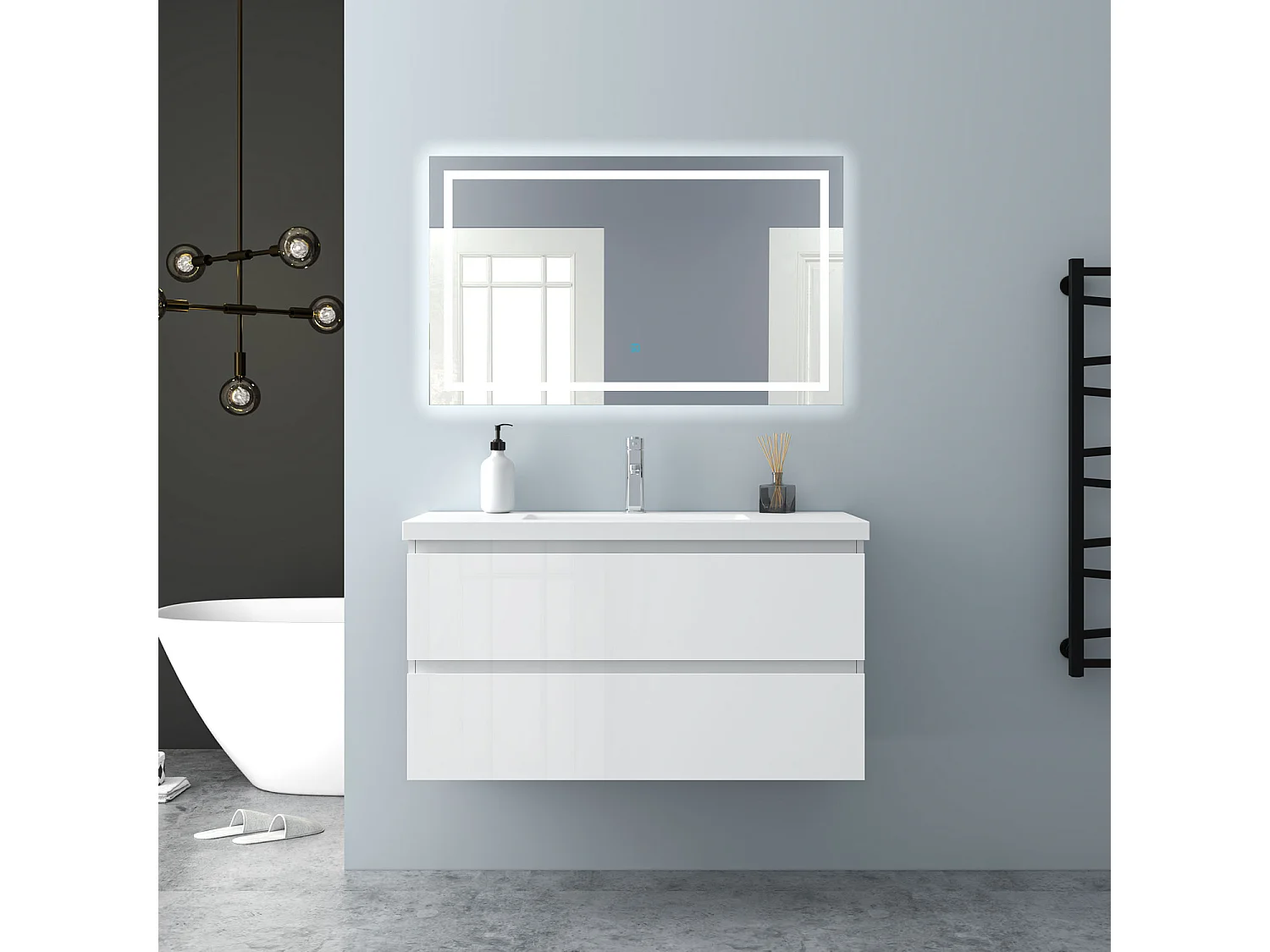 AICA Waschbeckenunterschrank hängend 100cm Mineralguss Waschtisch mit Unterschrank - Hochglanz Weiß - CINIC