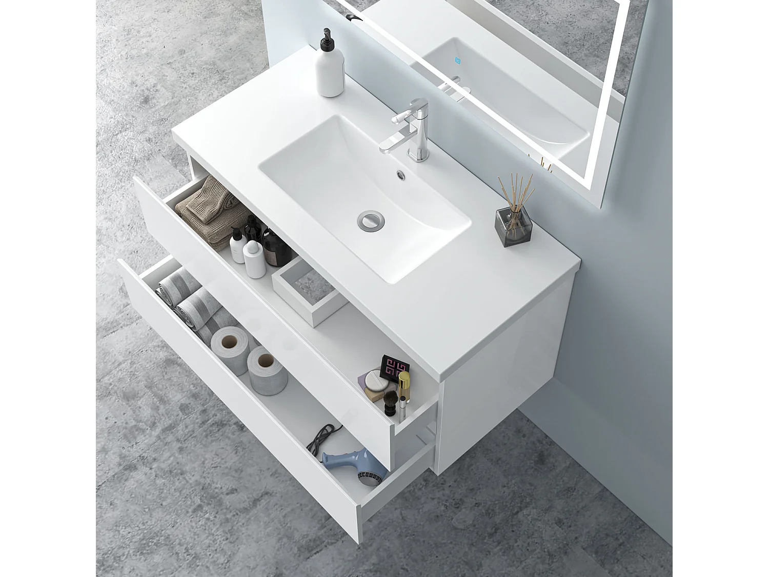 AICA Waschbeckenunterschrank hängend 100cm Mineralguss Waschtisch mit Unterschrank - Hochglanz Weiß - CINIC