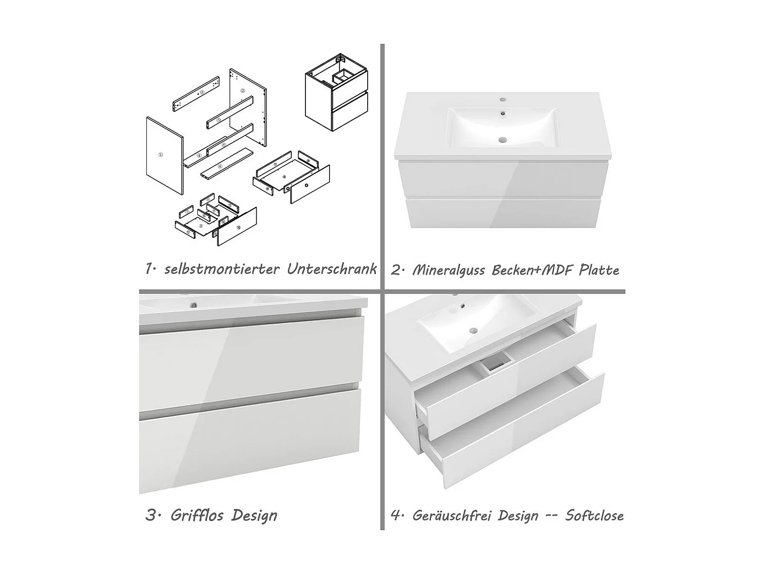AICA Waschbeckenunterschrank hängend 100cm Mineralguss Waschtisch mit Unterschrank - Hochglanz Weiß - CINIC