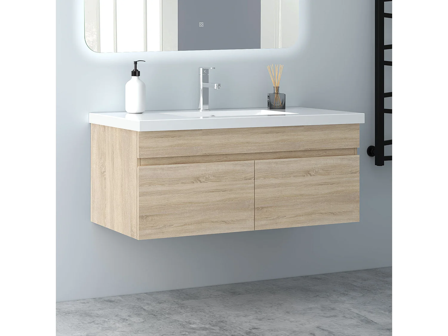 AICA Badezimmerschränke 100cm Mineralguss Waschtisch mit Unterschrank - Eiche Matt Hängeschrank - MARO