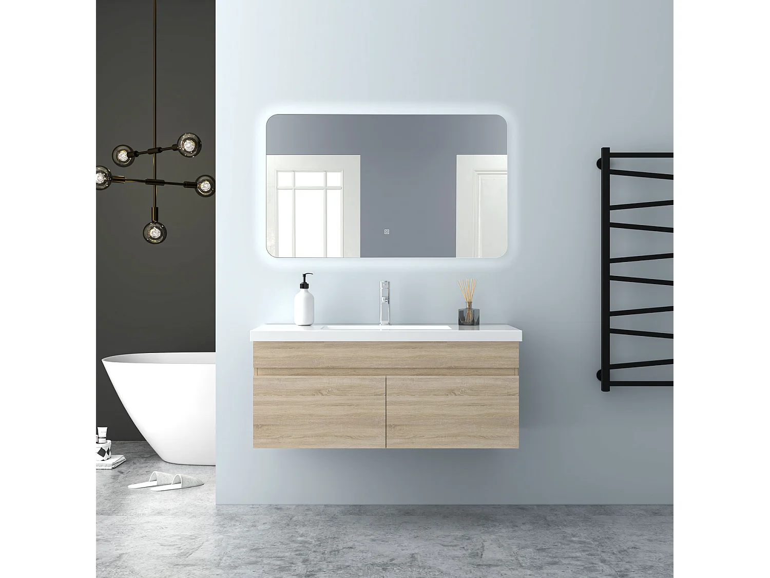 AICA Badezimmerschränke 100cm Mineralguss Waschtisch mit Unterschrank - Eiche Matt Hängeschrank - MARO