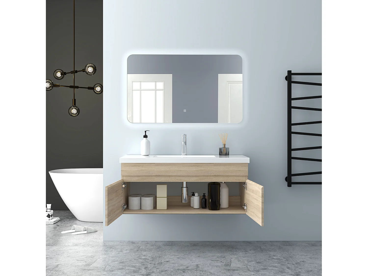 AICA Badezimmerschränke 100cm Mineralguss Waschtisch mit Unterschrank - Eiche Matt Hängeschrank - MARO