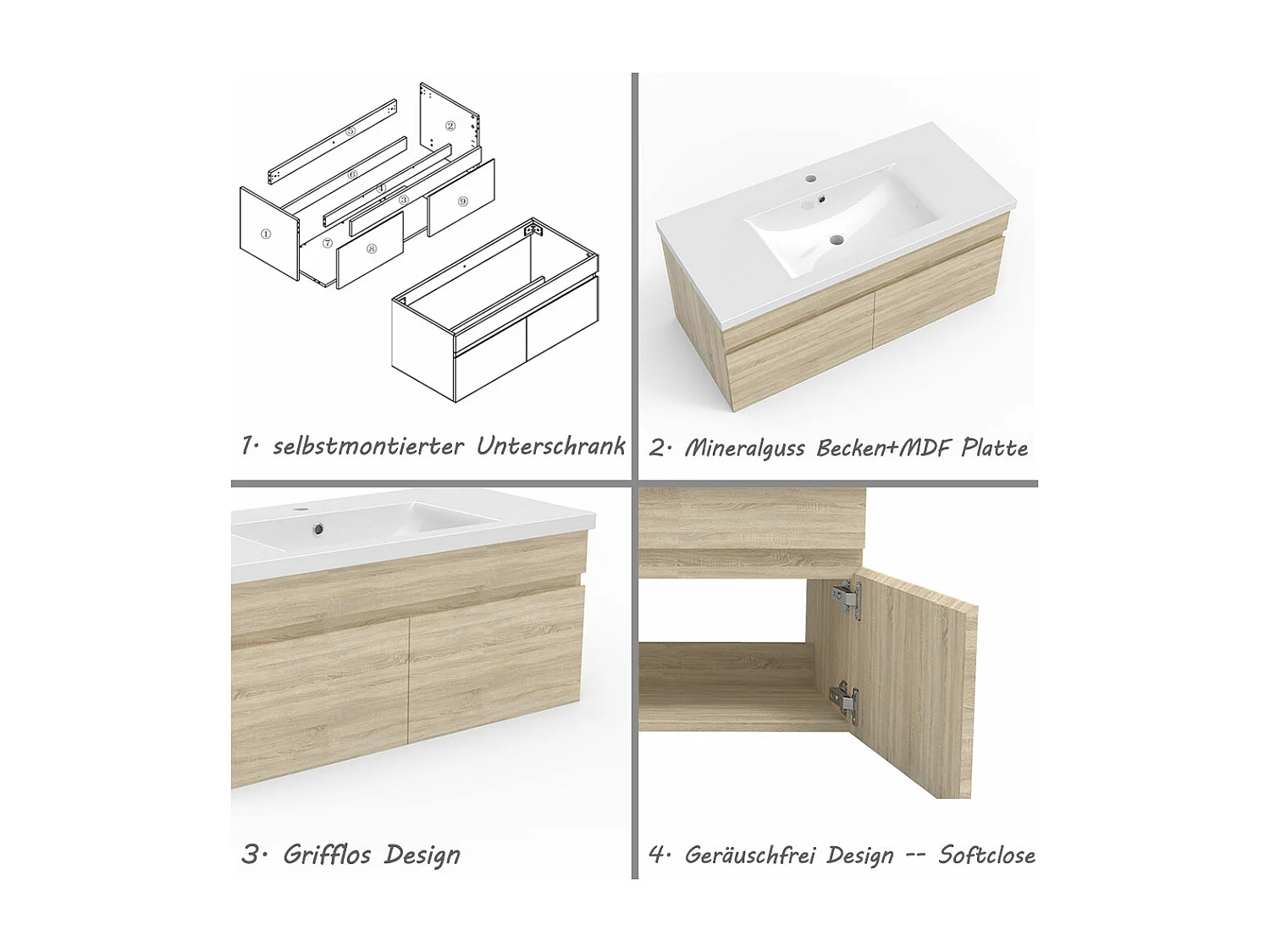 AICA Badezimmerschränke 100cm Mineralguss Waschtisch mit Unterschrank - Eiche Matt Hängeschrank - MARO
