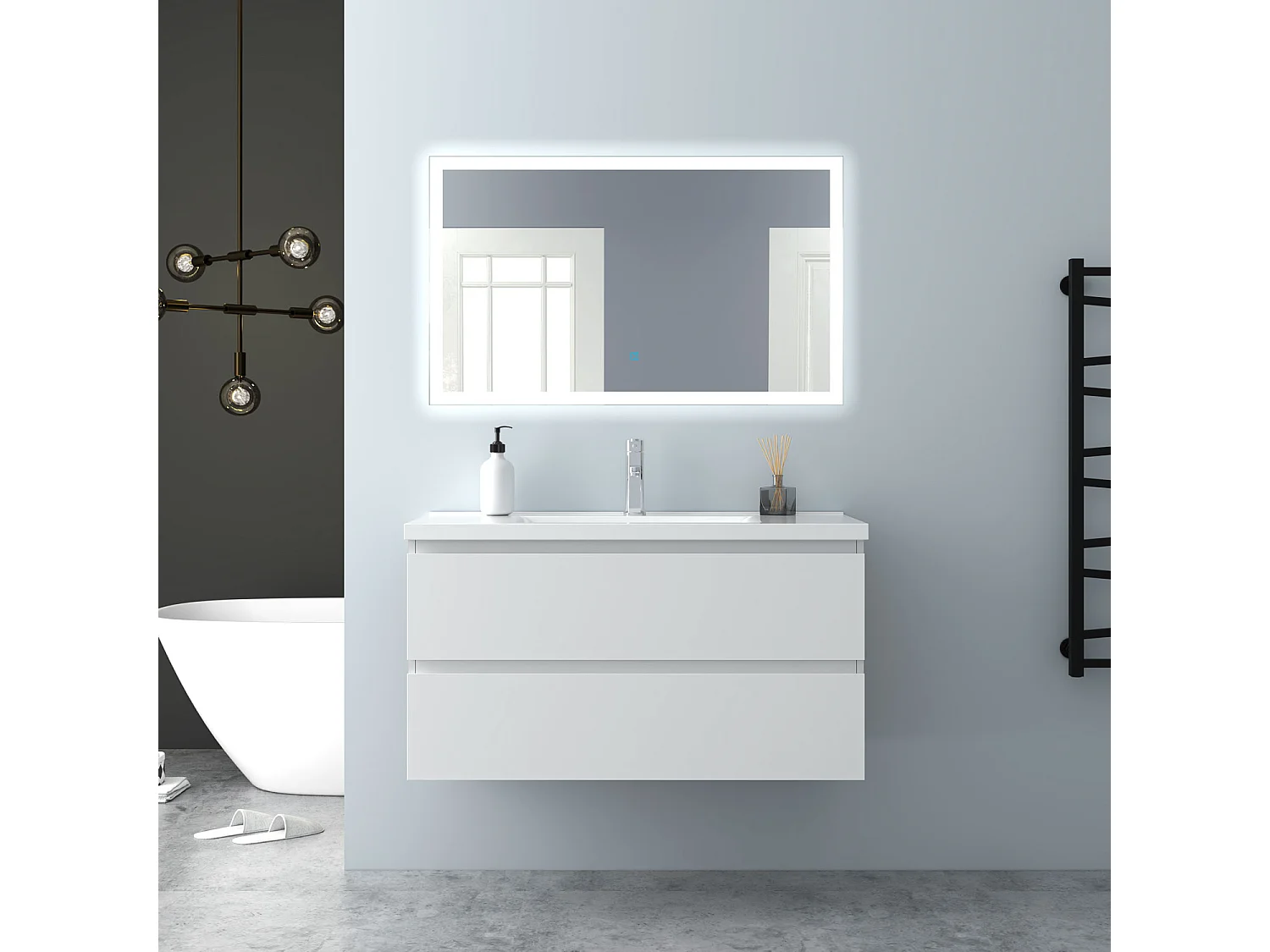 AICA Waschbeckenunterschrank hängend 100cm Keramik Waschtisch mit Unterschrank - Weiß Matt - CINIC