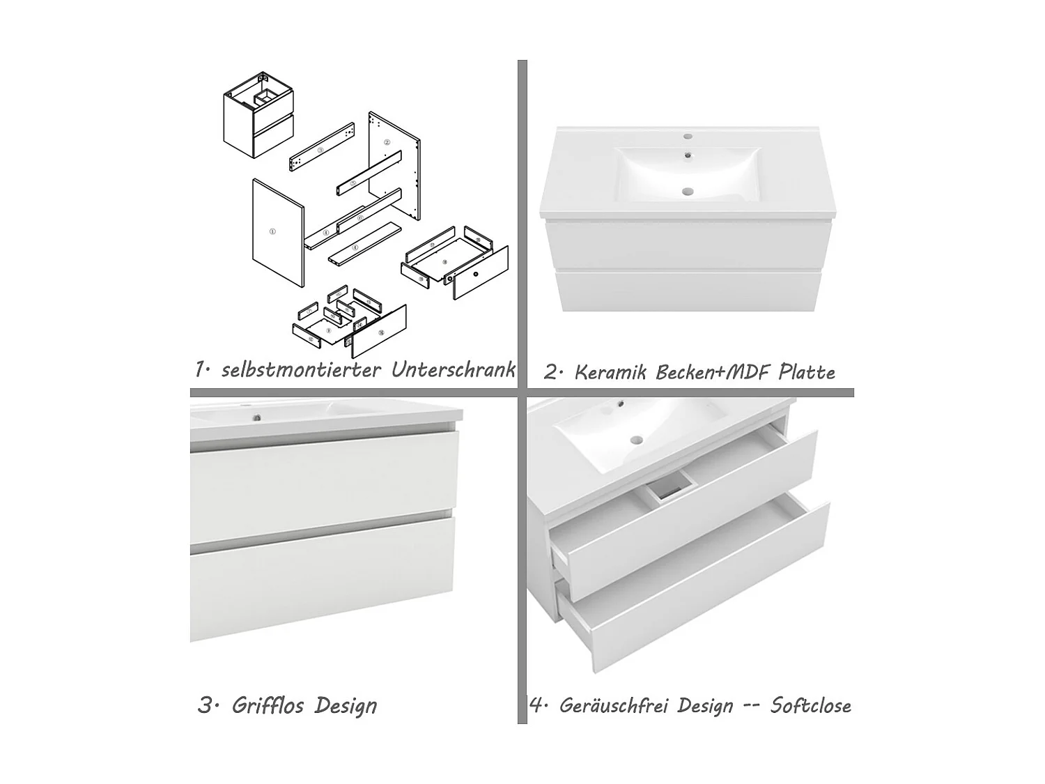 AICA Waschbeckenunterschrank hängend 100cm Keramik Waschtisch mit Unterschrank - Weiß Matt - CINIC