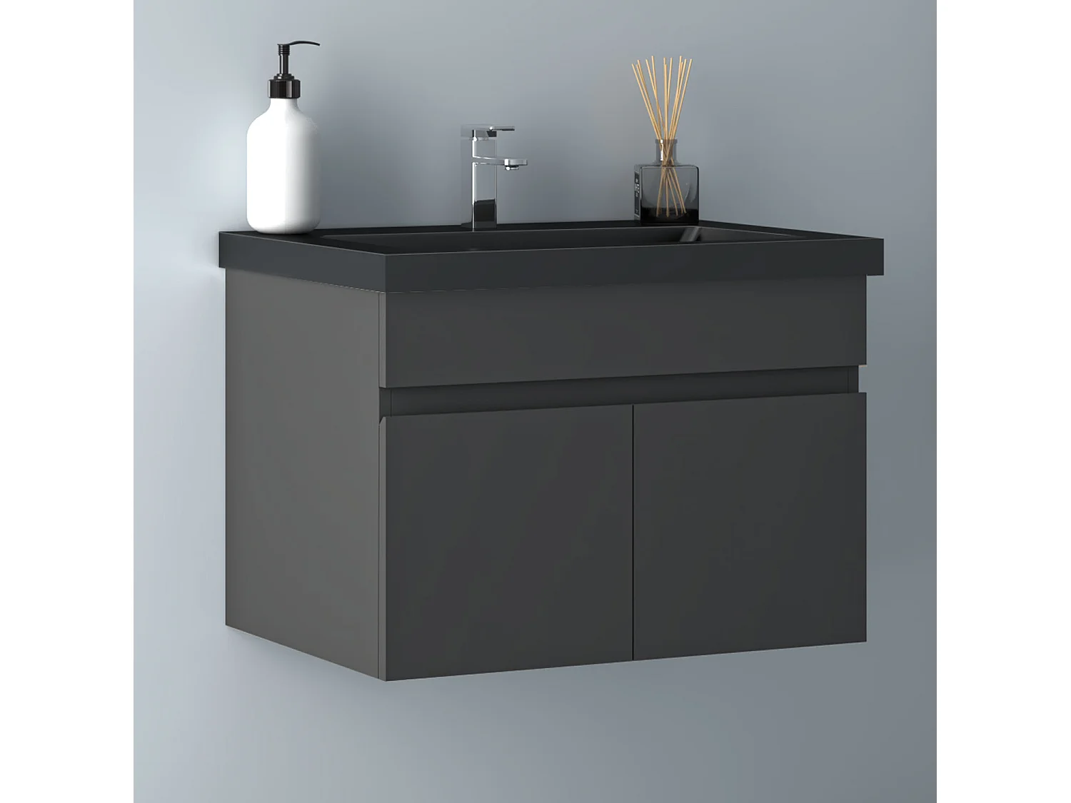 AICA Badezimmerschränke 60cm Schwarz Mineralguss Waschtisch mit Unterschrank - Dunkelgrau Matt Hängeschrank - MARO