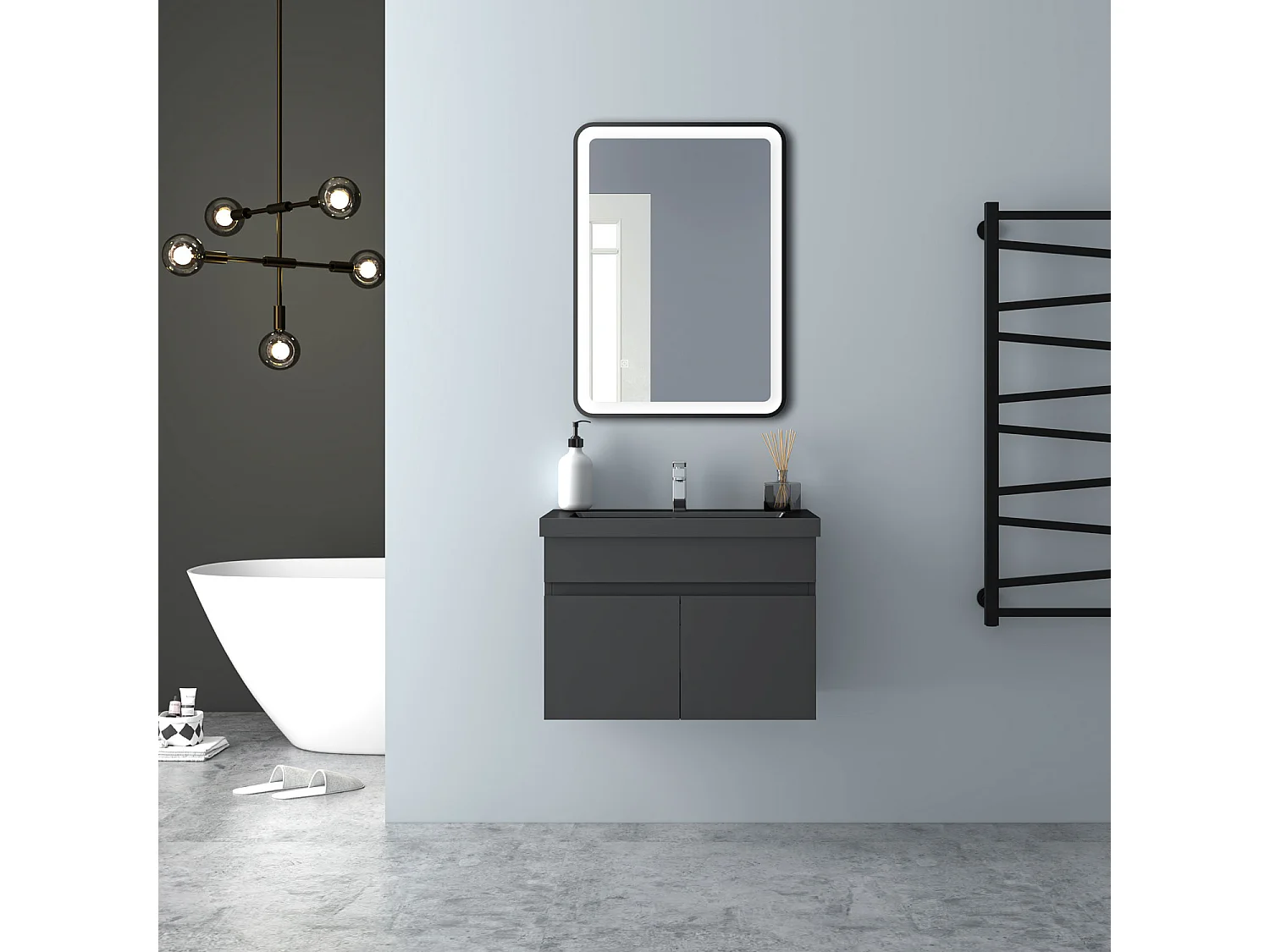 AICA Badezimmerschränke 60cm Schwarz Mineralguss Waschtisch mit Unterschrank - Dunkelgrau Matt Hängeschrank - MARO