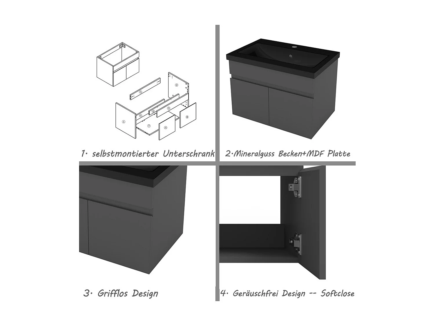 AICA Badezimmerschränke 60cm Schwarz Mineralguss Waschtisch mit Unterschrank - Dunkelgrau Matt Hängeschrank - MARO
