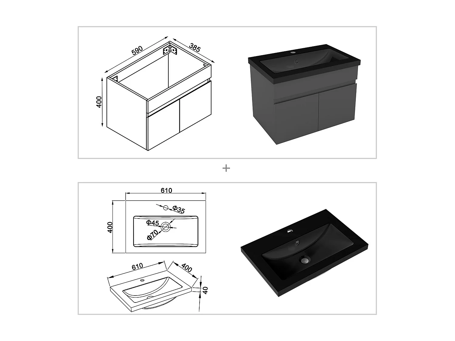 AICA Badezimmerschränke 60cm Schwarz Mineralguss Waschtisch mit Unterschrank - Dunkelgrau Matt Hängeschrank - MARO