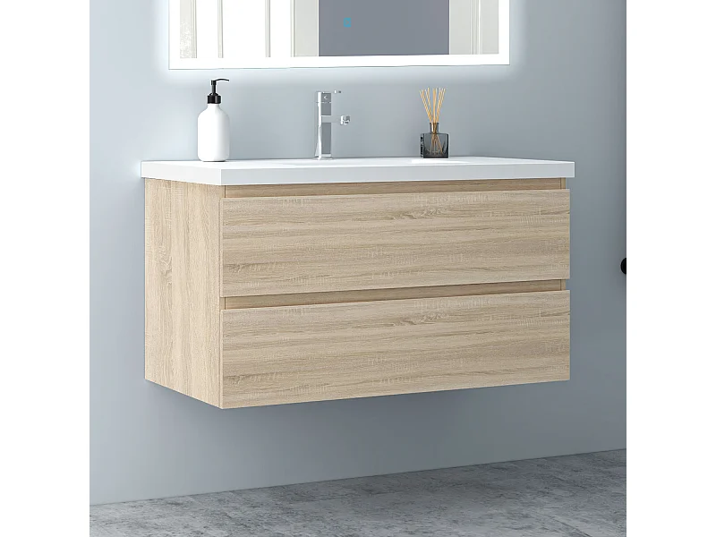 AICA Waschbeckenunterschrank hängend 100cm Mineralguss Waschtisch mit Unterschrank - Eiche Matt - CINIC