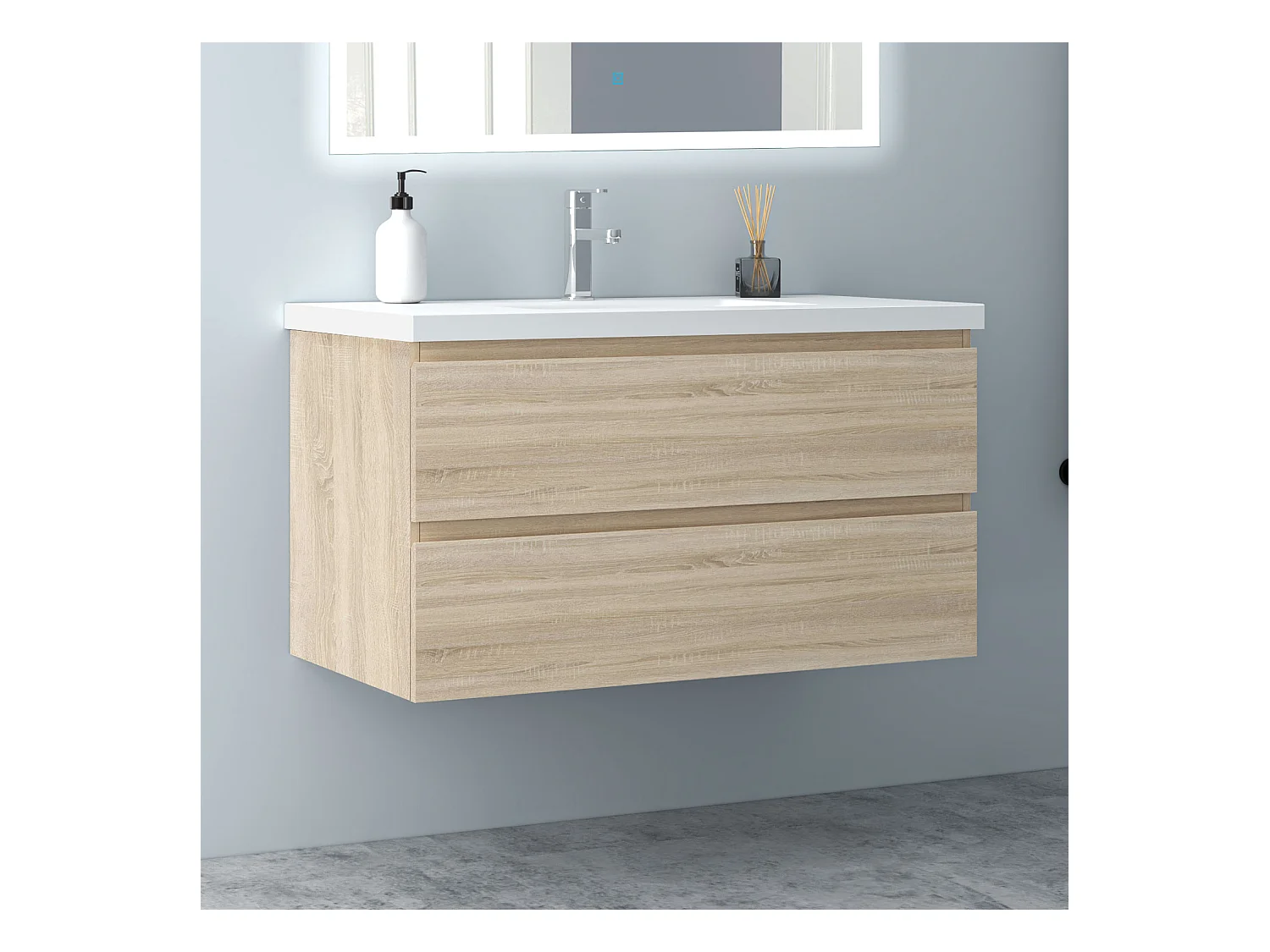 AICA Waschbeckenunterschrank hängend 100cm Mineralguss Waschtisch mit Unterschrank - Eiche Matt - CINIC