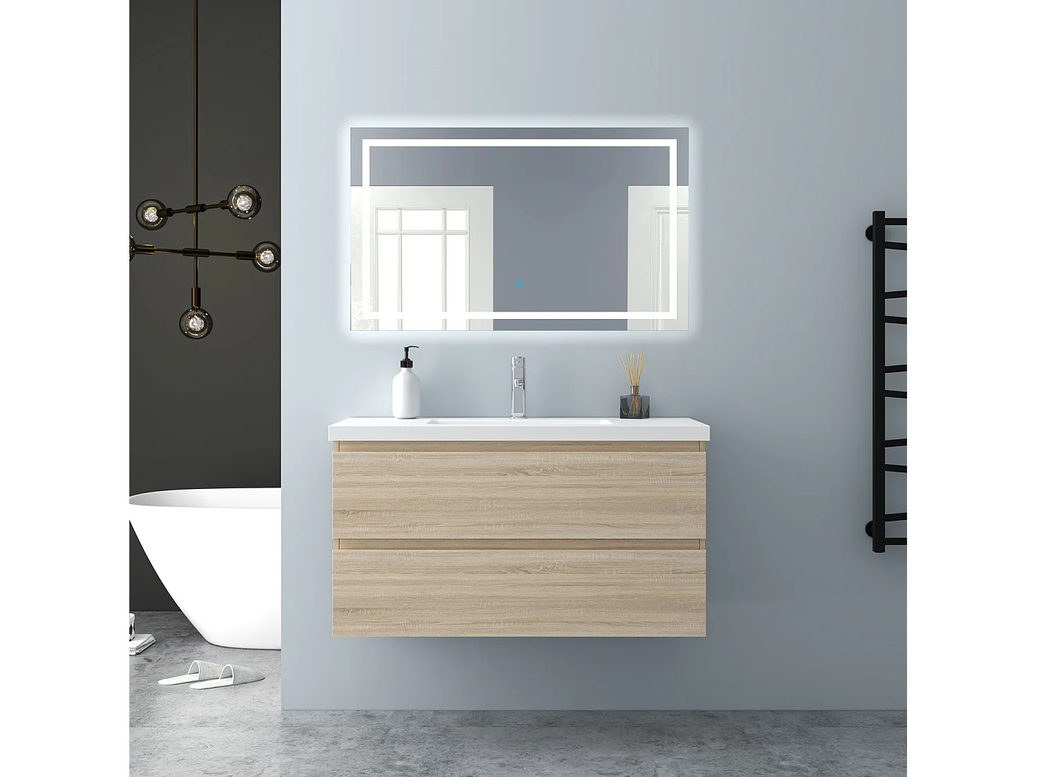 AICA Waschbeckenunterschrank hängend 100cm Mineralguss Waschtisch mit Unterschrank - Eiche Matt - CINIC