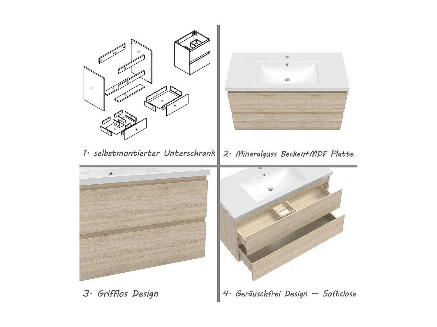 AICA Waschbeckenunterschrank hängend 100cm Mineralguss Waschtisch mit Unterschrank - Eiche Matt - CINIC