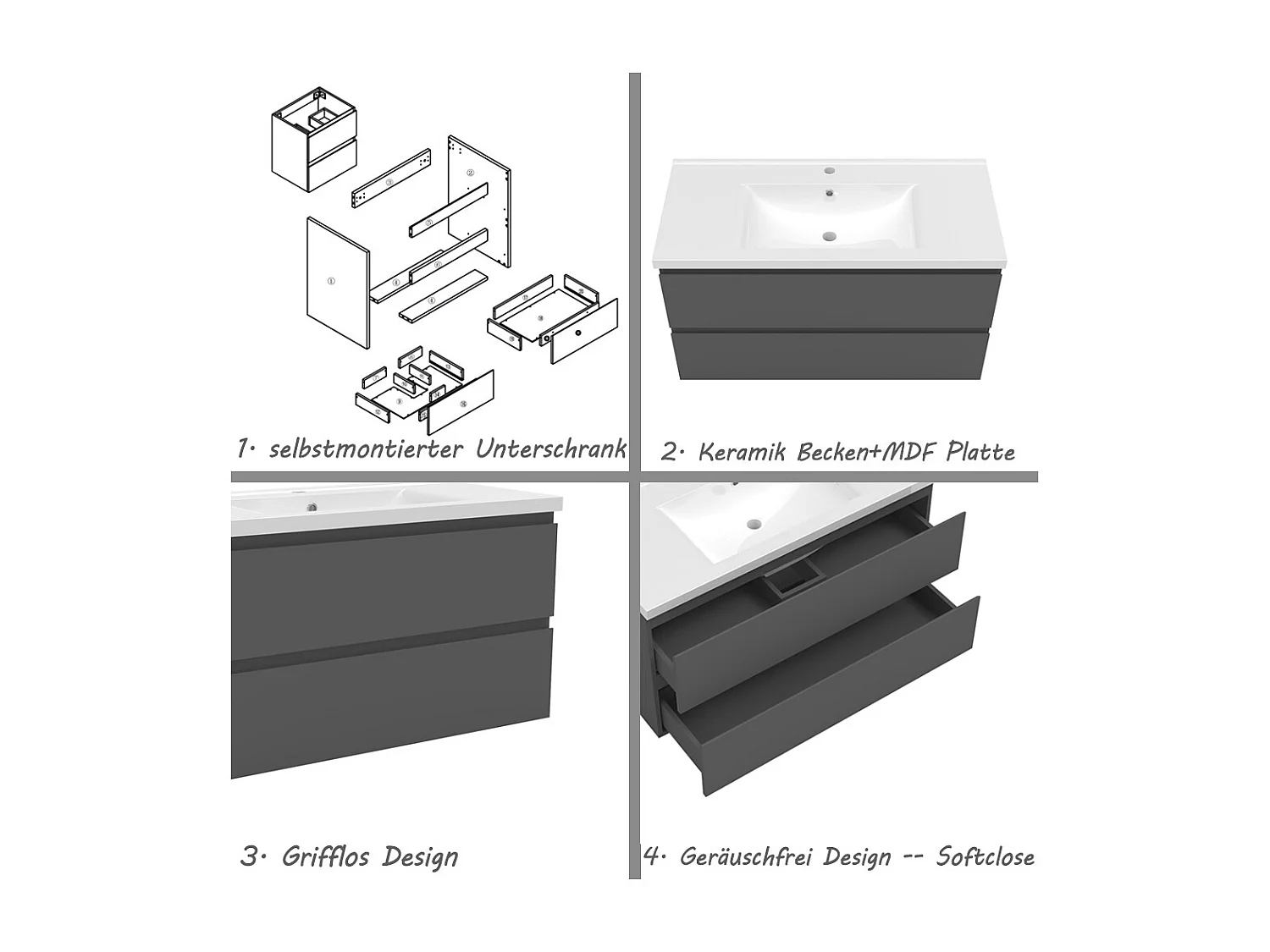 AICA Waschbeckenunterschrank hängend 100cm Keramik Waschtisch mit Unterschrank - Dunkelgrau Matt - CINIC