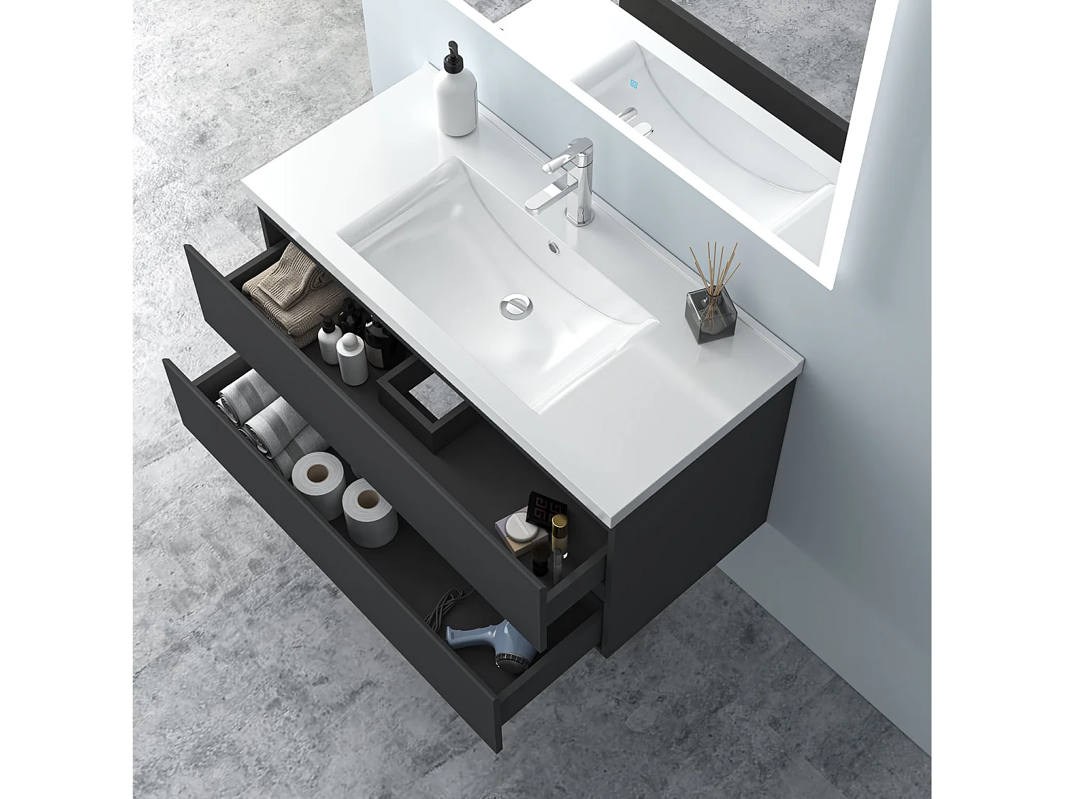 AICA Waschbeckenunterschrank hängend 100cm Keramik Waschtisch mit Unterschrank - Dunkelgrau Matt - CINIC