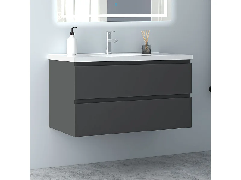 AICA Waschbeckenunterschrank hängend 100cm Keramik Waschtisch mit Unterschrank - Dunkelgrau Matt - CINIC