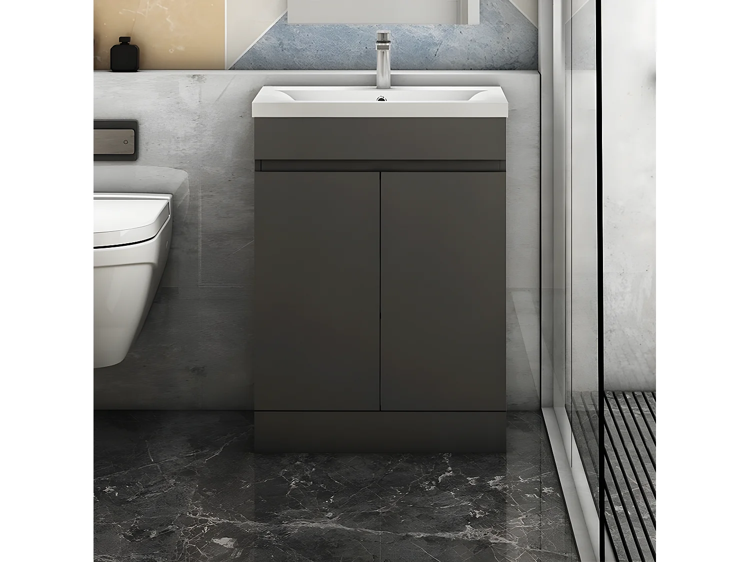 AICA Badezimmermöbel 60 cm Keramik waschbecken mit unterschrank -Dunkelgrau Matt Standschrank - KANY