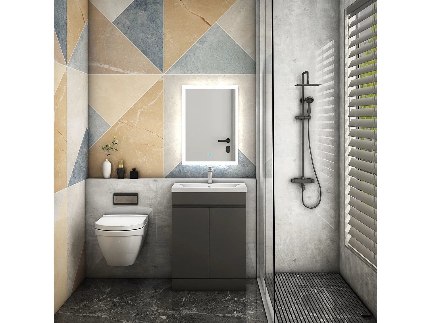 AICA Badezimmermöbel 60 cm Keramik waschbecken mit unterschrank -Dunkelgrau Matt Standschrank - KANY