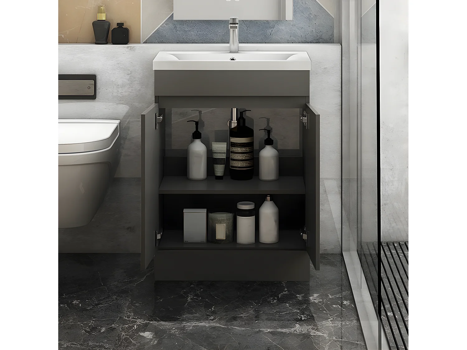 AICA Badezimmermöbel 60 cm Keramik waschbecken mit unterschrank -Dunkelgrau Matt Standschrank - KANY