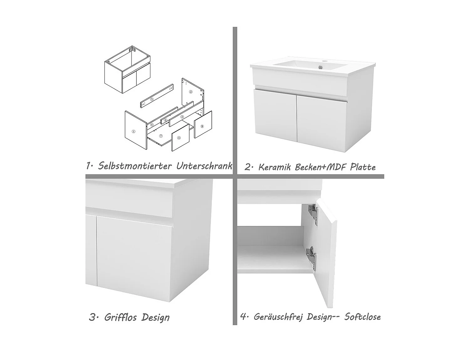 AICA Badezimmerschränke 60cm Dünn Keramik Waschtisch mit Unterschrank - Weiß Matt Hängeschrank - MARO