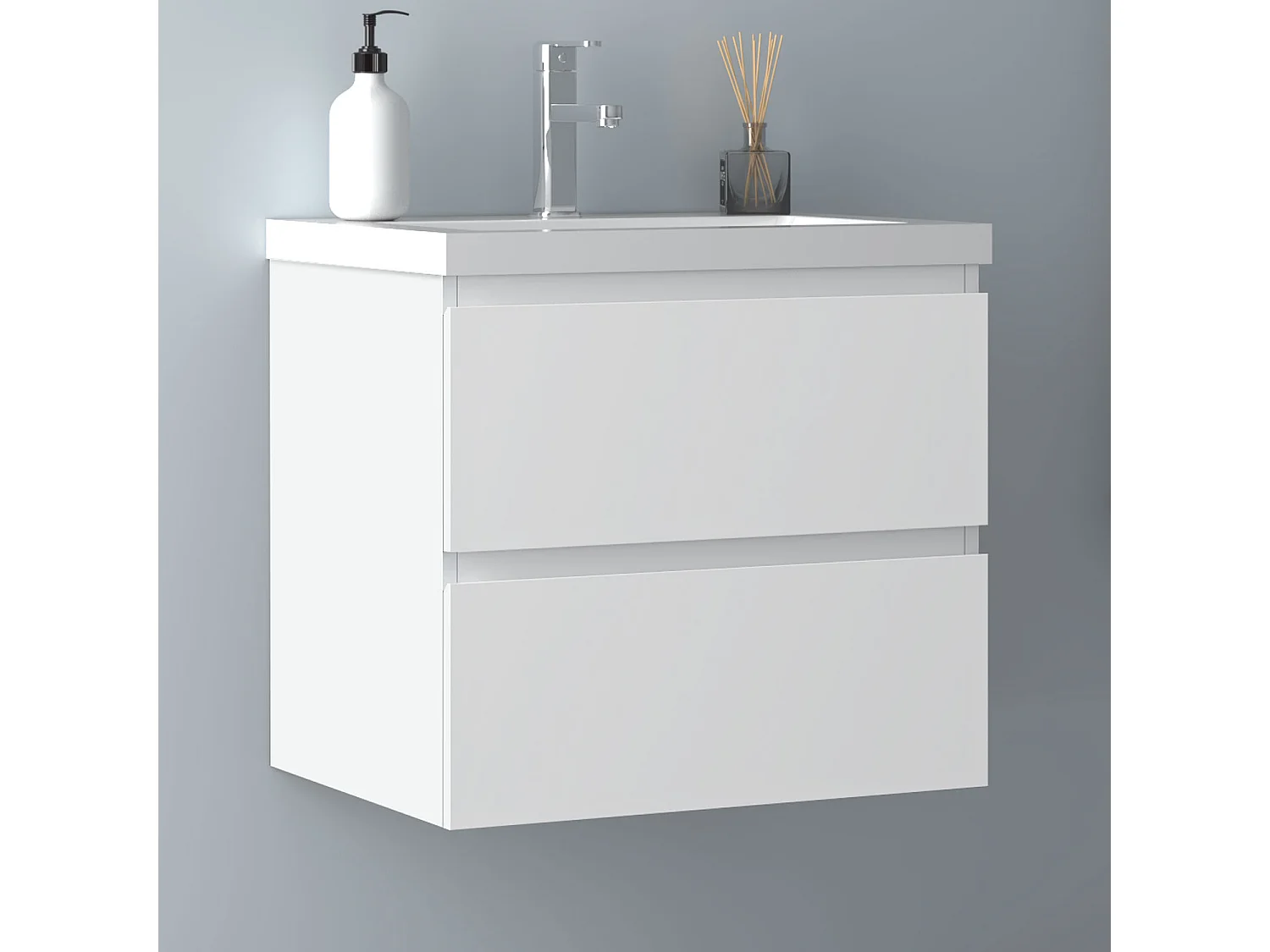 AICA Waschbeckenunterschrank hängend 60cm Dickes Keramik Waschtisch mit Unterschrank - Weiß Matt - CINIC