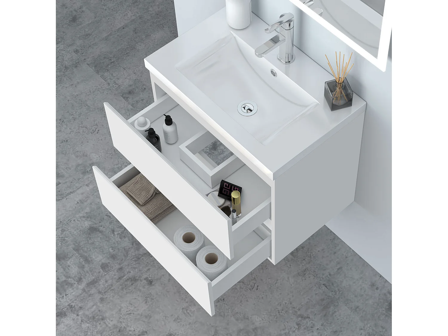 AICA Waschbeckenunterschrank hängend 60cm Dickes Keramik Waschtisch mit Unterschrank - Weiß Matt - CINIC