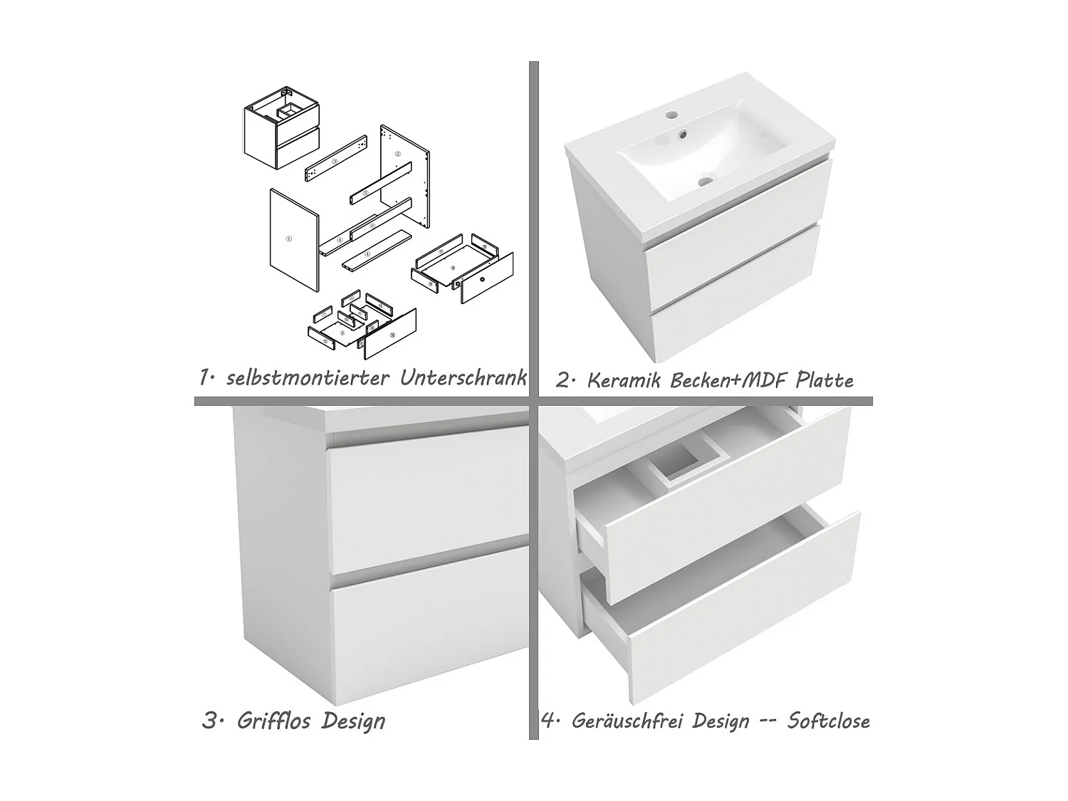 AICA Waschbeckenunterschrank hängend 60cm Dickes Keramik Waschtisch mit Unterschrank - Weiß Matt - CINIC