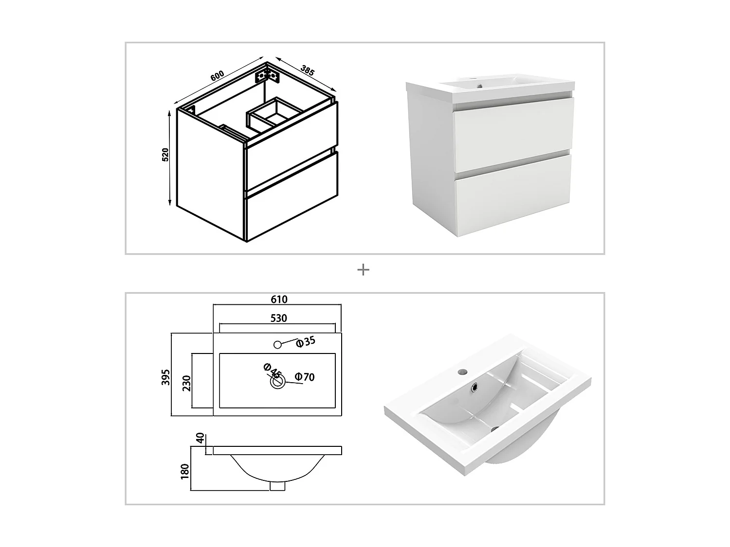 AICA Waschbeckenunterschrank hängend 60cm Dickes Keramik Waschtisch mit Unterschrank - Weiß Matt - CINIC