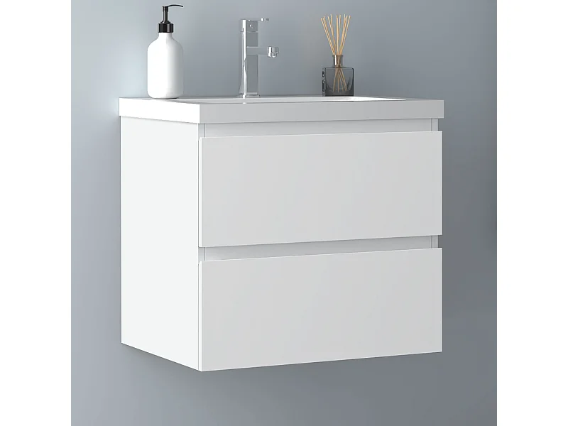 AICA Waschbeckenunterschrank hängend 60cm Dickes Keramik Waschtisch mit Unterschrank - Weiß Matt - CINIC