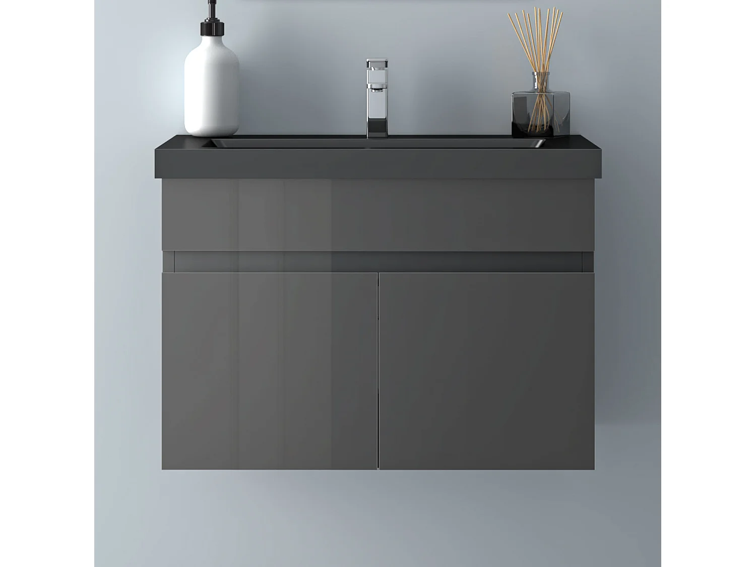AICA Badezimmerschränke 60cm Schwarz Mineralguss Waschtisch mit Unterschrank - Hochglanz Dunkelgrau Hängeschrank - MARO