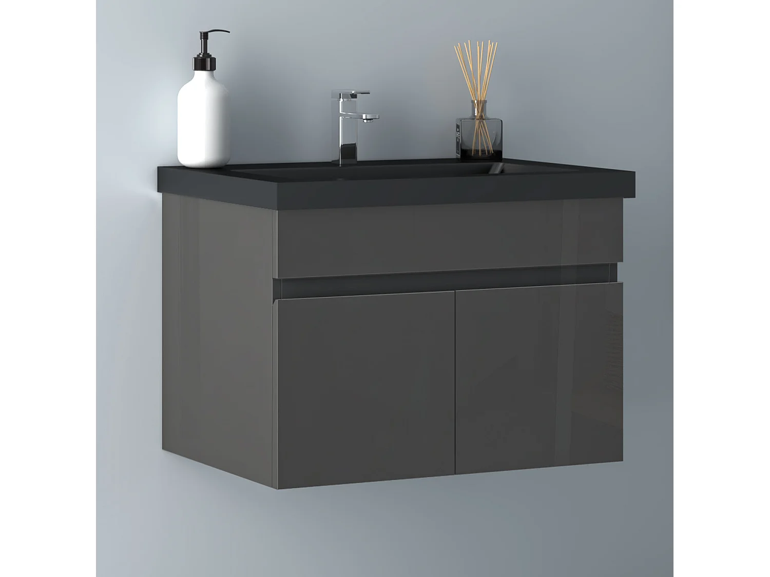 AICA Badezimmerschränke 60cm Schwarz Mineralguss Waschtisch mit Unterschrank - Hochglanz Dunkelgrau Hängeschrank - MARO