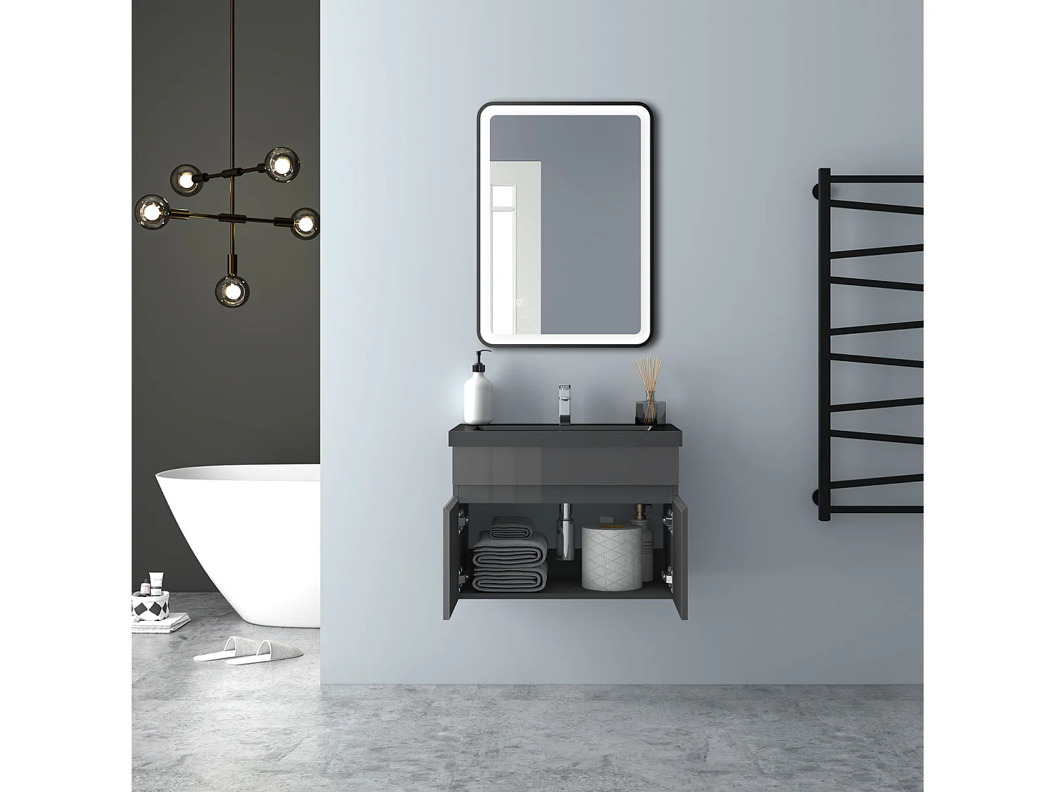 AICA Badezimmerschränke 60cm Schwarz Mineralguss Waschtisch mit Unterschrank - Hochglanz Dunkelgrau Hängeschrank - MARO