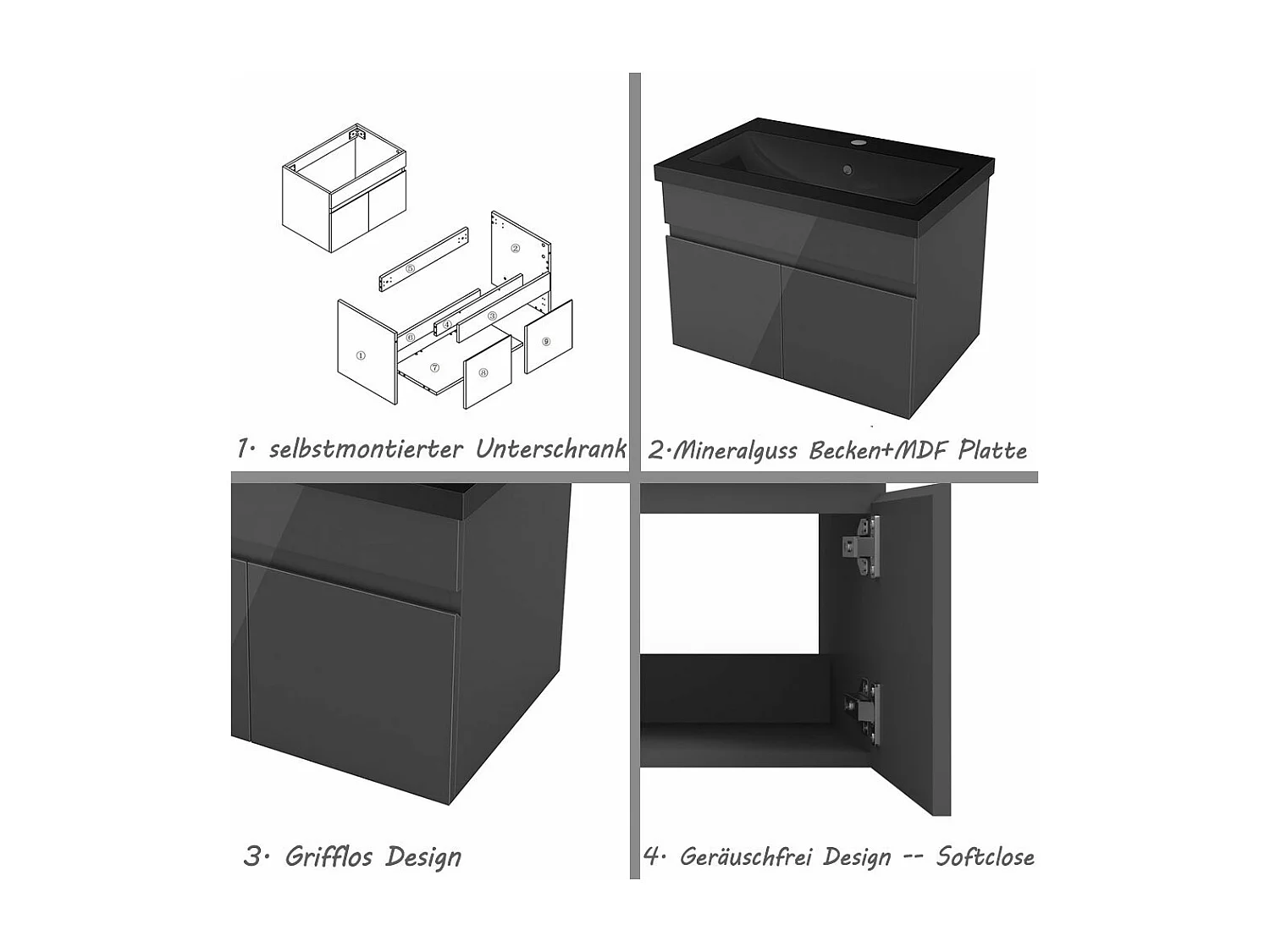 AICA Badezimmerschränke 60cm Schwarz Mineralguss Waschtisch mit Unterschrank - Hochglanz Dunkelgrau Hängeschrank - MARO