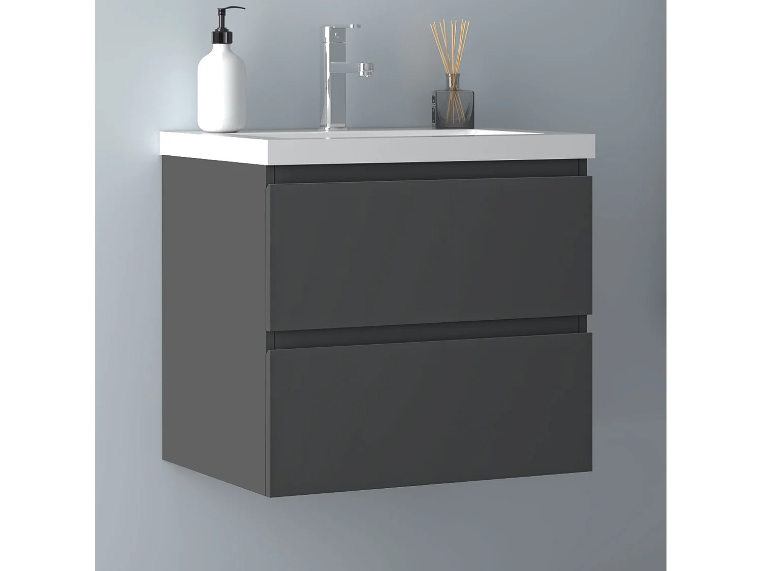 AICA Waschbeckenunterschrank hängend 60cm Dickes Keramik Waschtisch mit Unterschrank - Dunkelgrau Matt - CINIC