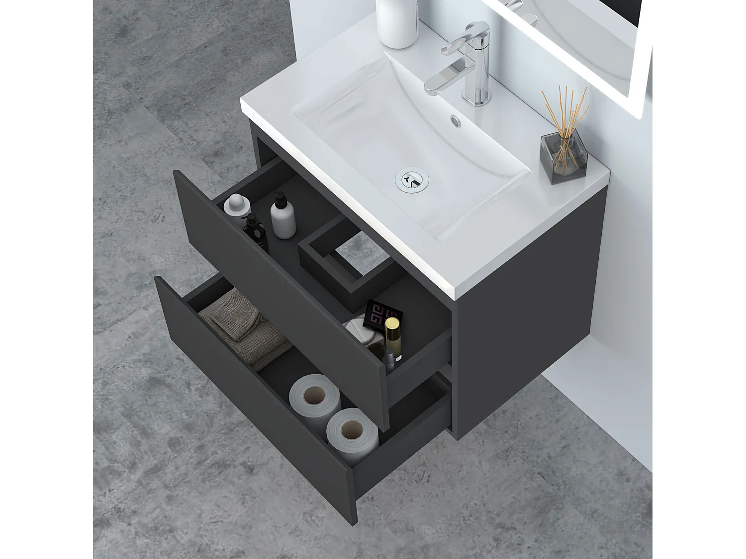 AICA Waschbeckenunterschrank hängend 60cm Dickes Keramik Waschtisch mit Unterschrank - Dunkelgrau Matt - CINIC