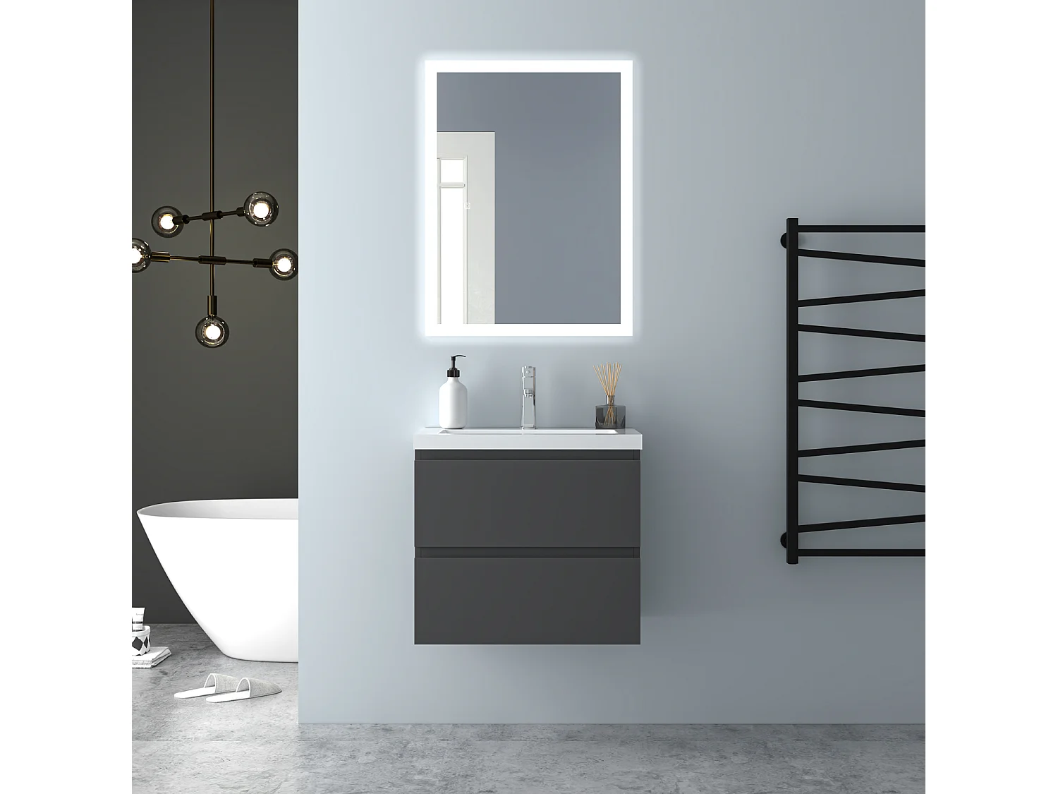 AICA Waschbeckenunterschrank hängend 60cm Dickes Keramik Waschtisch mit Unterschrank - Dunkelgrau Matt - CINIC