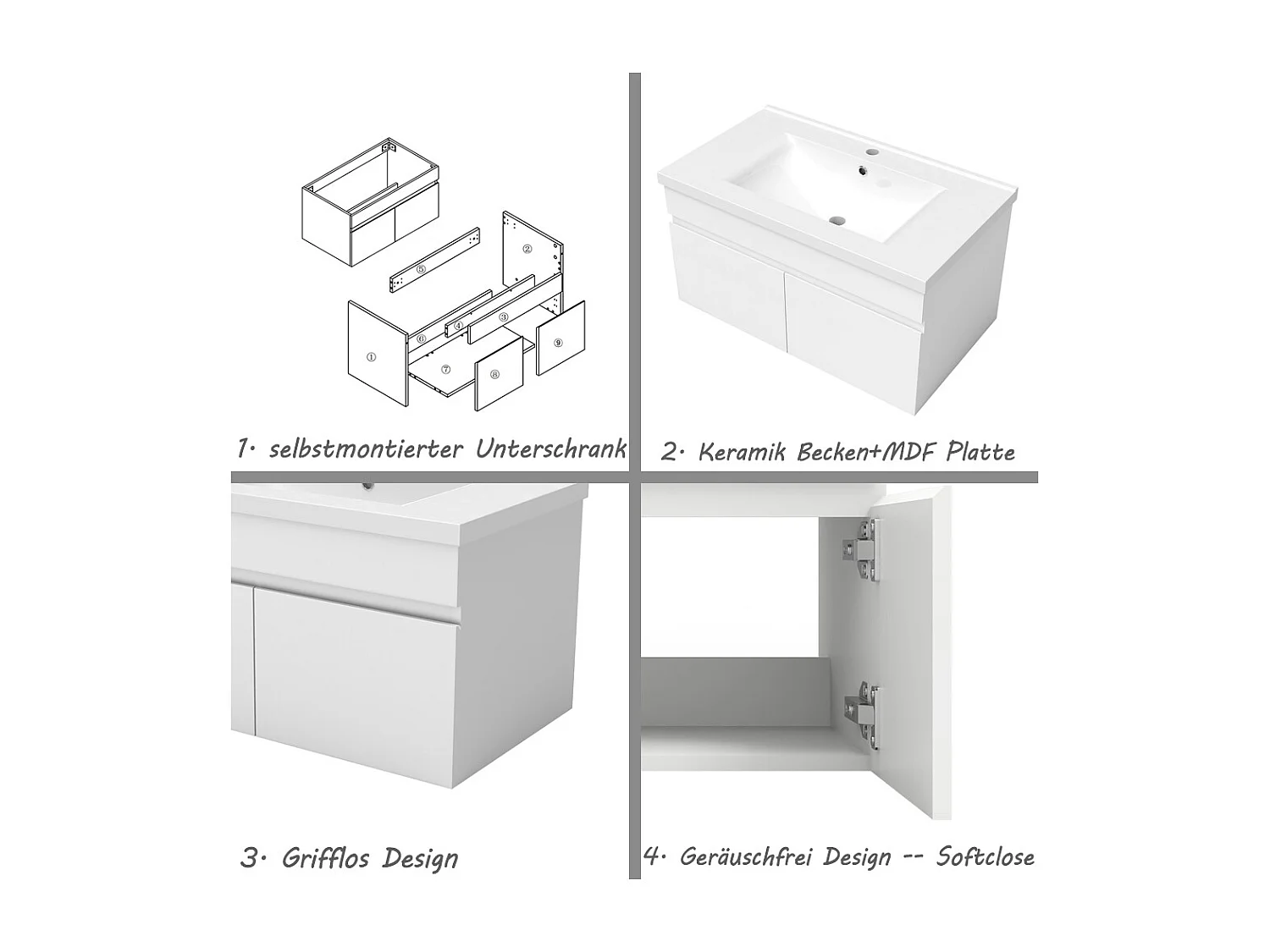 AICA Badezimmerschränke 80cm Keramik Waschtisch mit Unterschrank - Weiß Matt Hängeschrank - MARO