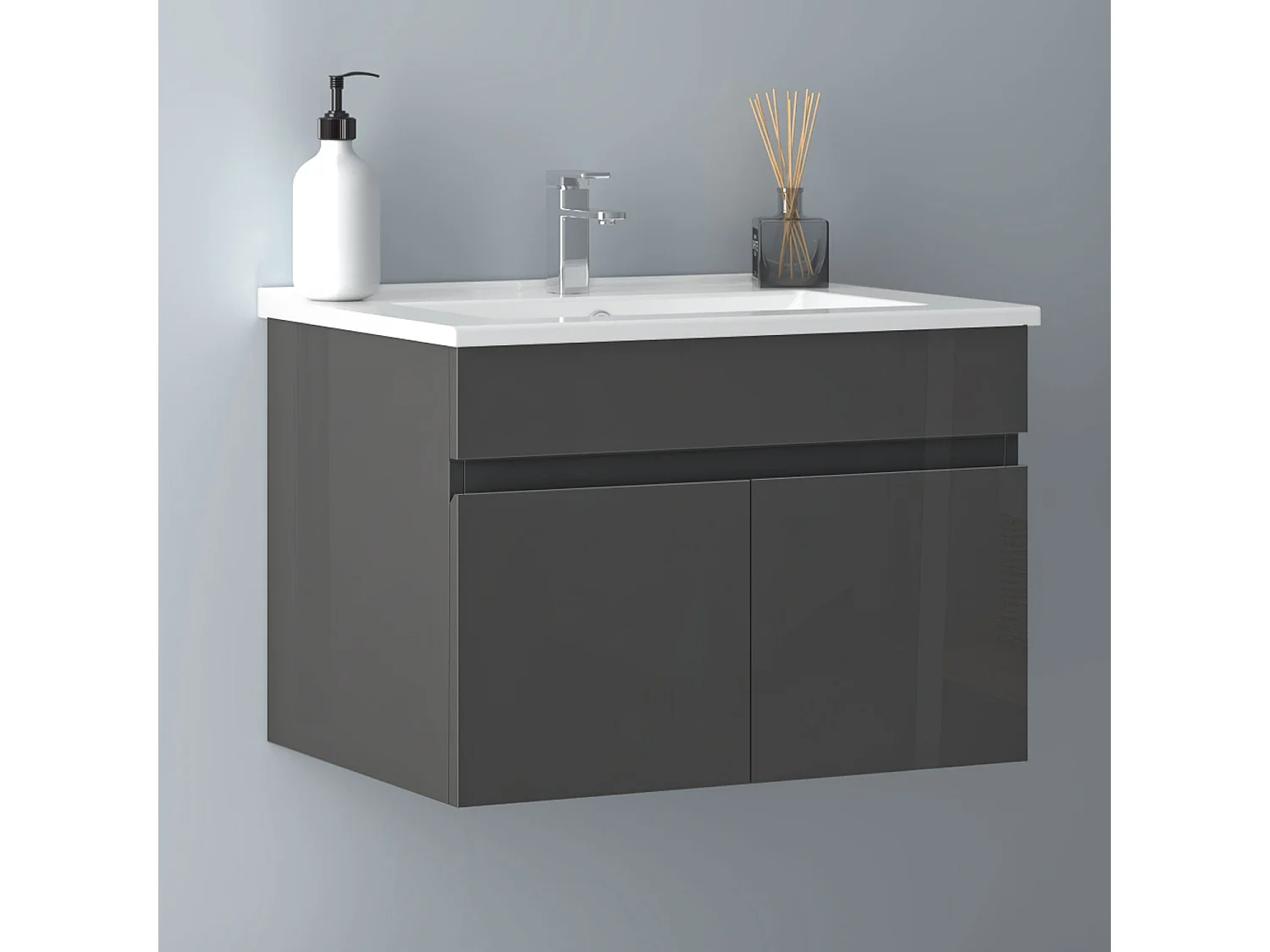 AICA Badezimmerschränke 60cm Dünn Keramik Waschtisch mit Unterschrank - Hochglanz Dunkelgrau Hängeschrank - MARO