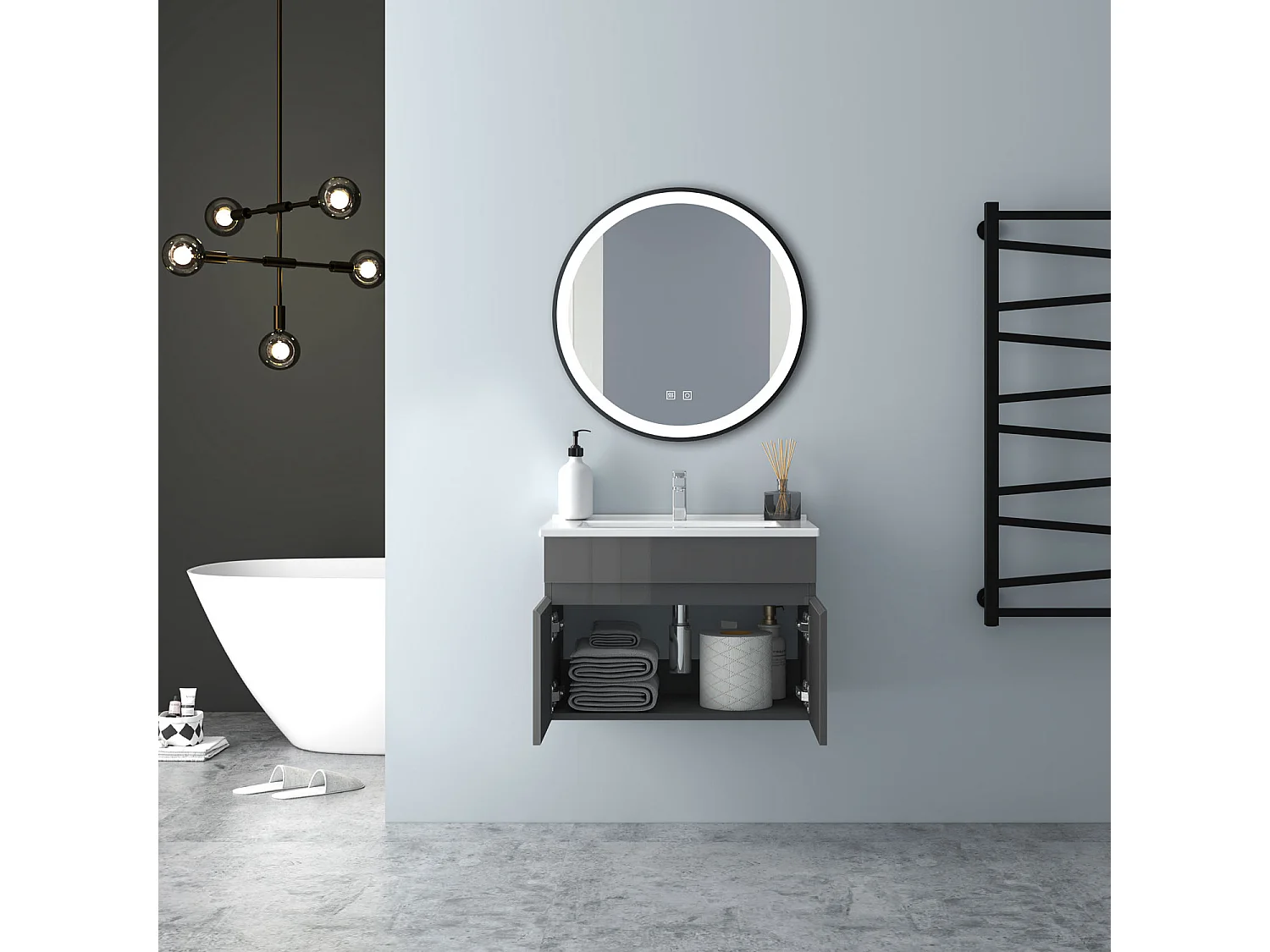 AICA Badezimmerschränke 60cm Dünn Keramik Waschtisch mit Unterschrank - Hochglanz Dunkelgrau Hängeschrank - MARO