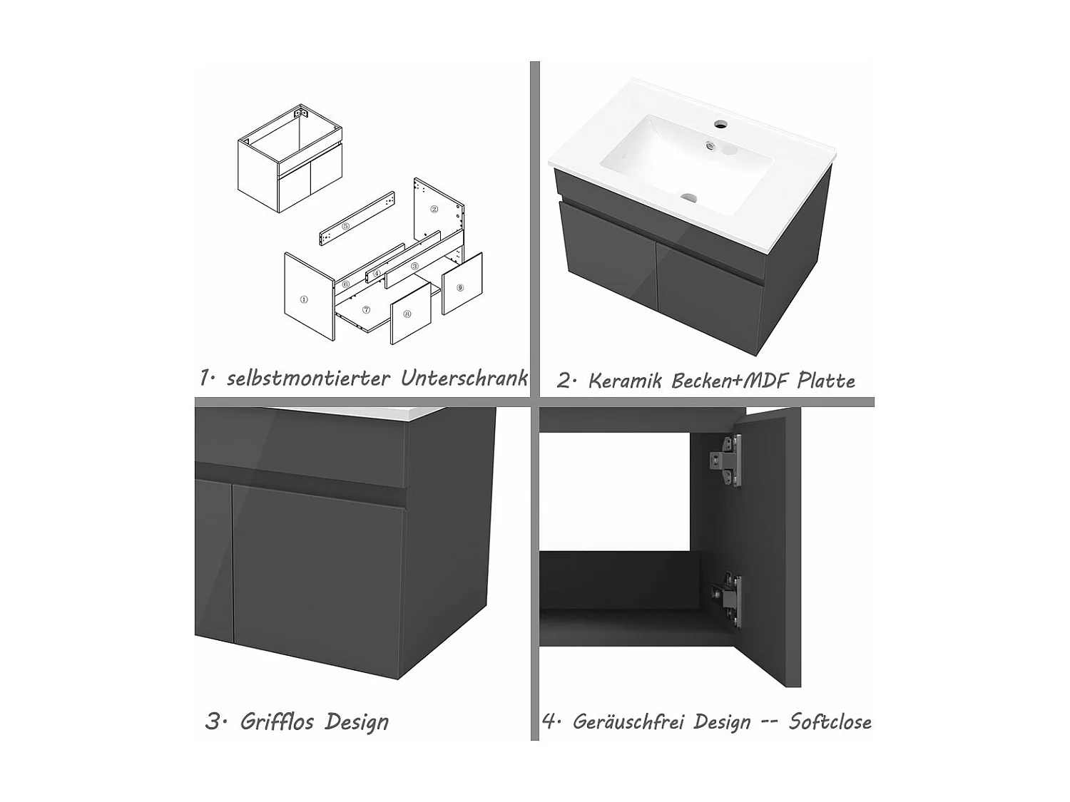 AICA Badezimmerschränke 60cm Dünn Keramik Waschtisch mit Unterschrank - Hochglanz Dunkelgrau Hängeschrank - MARO