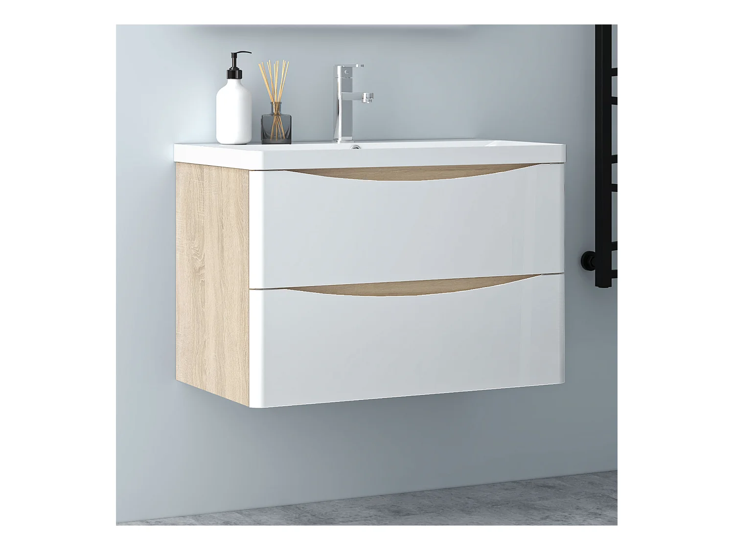 AICA Badezimmerschrank hängend 80cm Mineralguss waschbecken mit Unterschrank - Eiche & Weiß - SEMAL