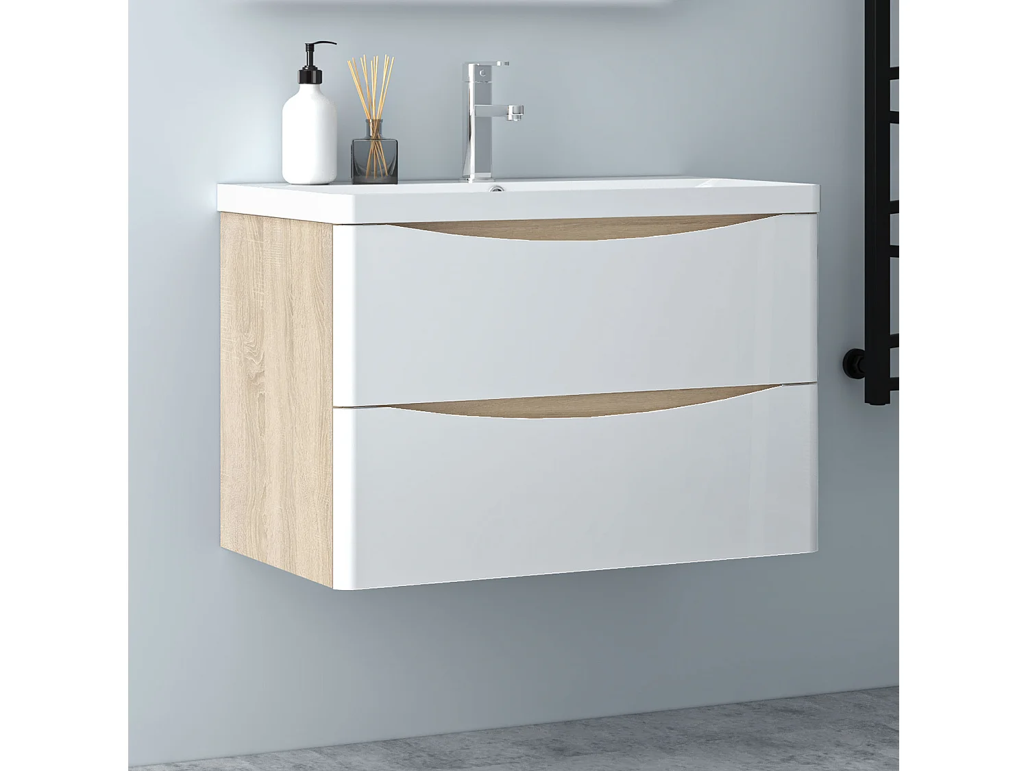 AICA Badezimmerschrank hängend 80cm Mineralguss waschbecken mit Unterschrank - Eiche & Weiß - SEMAL