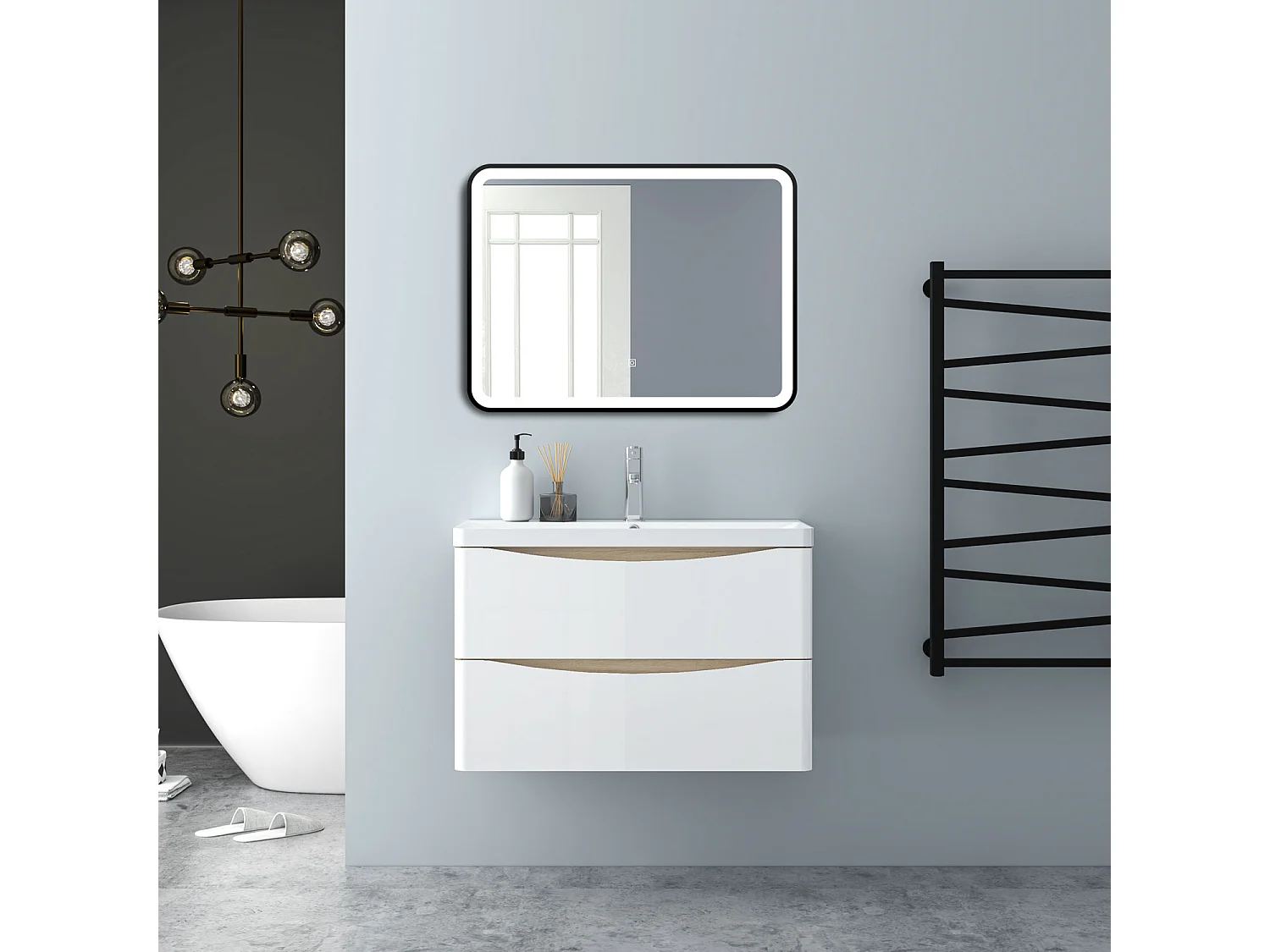 AICA Badezimmerschrank hängend 80cm Mineralguss waschbecken mit Unterschrank - Eiche & Weiß - SEMAL