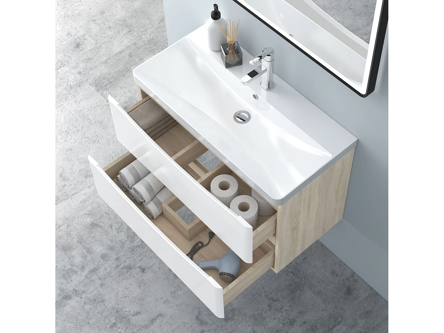 AICA Badezimmerschrank hängend 80cm Mineralguss waschbecken mit Unterschrank - Eiche & Weiß - SEMAL