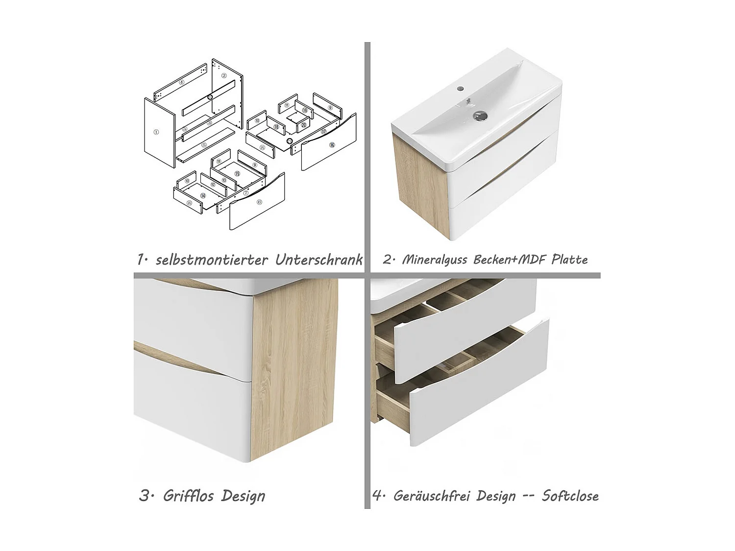 AICA Badezimmerschrank hängend 80cm Mineralguss waschbecken mit Unterschrank - Eiche & Weiß - SEMAL