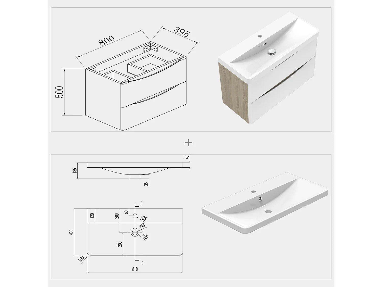 AICA Badezimmerschrank hängend 80cm Mineralguss waschbecken mit Unterschrank - Eiche & Weiß - SEMAL