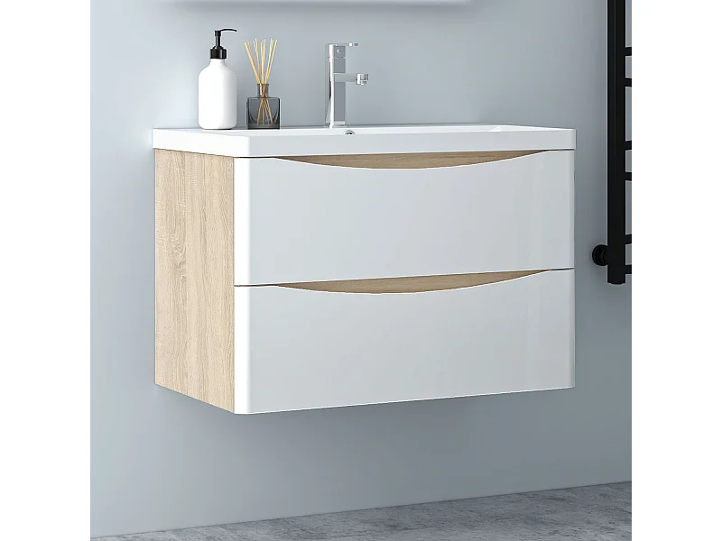 AICA Badezimmerschrank hängend 80cm Mineralguss waschbecken mit Unterschrank - Eiche & Weiß - SEMAL