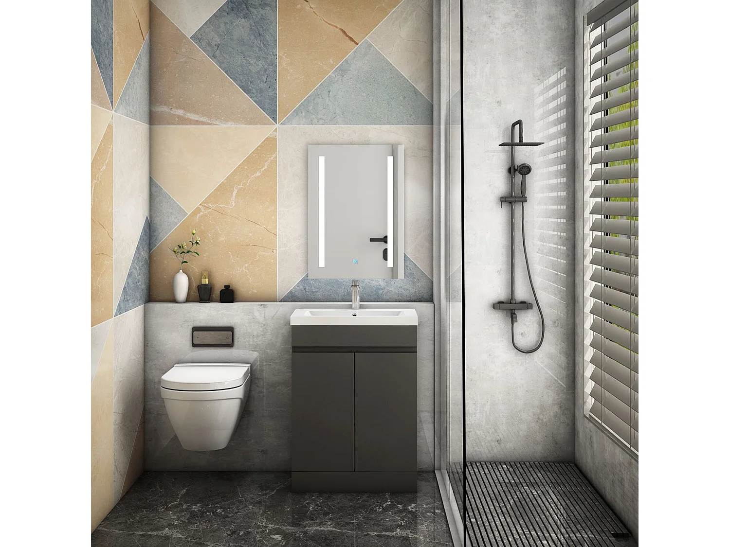 AICA Badezimmermöbel 50 cm Mineralguss waschbecken mit unterschrank -Dunkelgrau Matt Standschrank - KANY