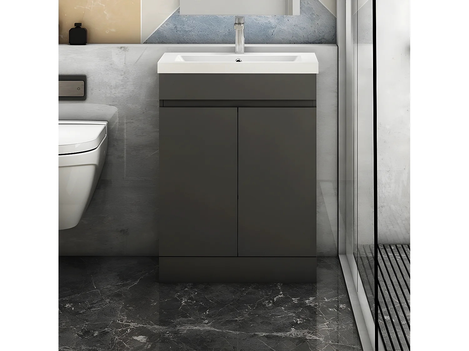 AICA Badezimmermöbel 50 cm Mineralguss waschbecken mit unterschrank -Dunkelgrau Matt Standschrank - KANY